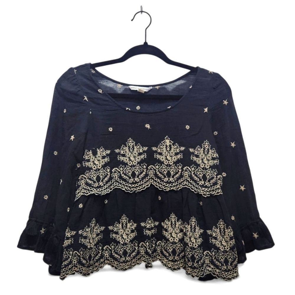 American Eagle Cropped Boho Peasant Top Embroidered Sz XS Black Gold Bell Sleeve